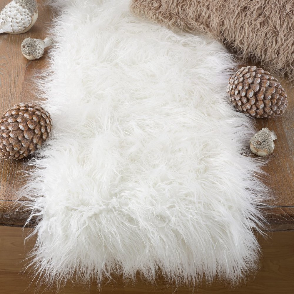 Occasion Gallery Ivory 100% Acrylic Faux Mongolian Fur Table Runner 16 x 72 inch